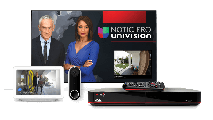 Televisor con Noticiero Univision, Google Home, DVR, Google Nest Hello, y Hopper 3